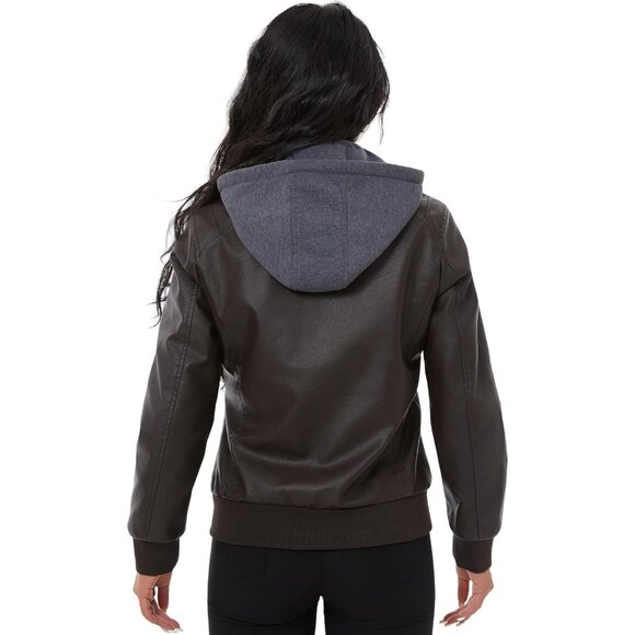 Women Coffee Faux Leather Waterproof Motorcycle Bomber Biker Jacket - Picture 3 of 8